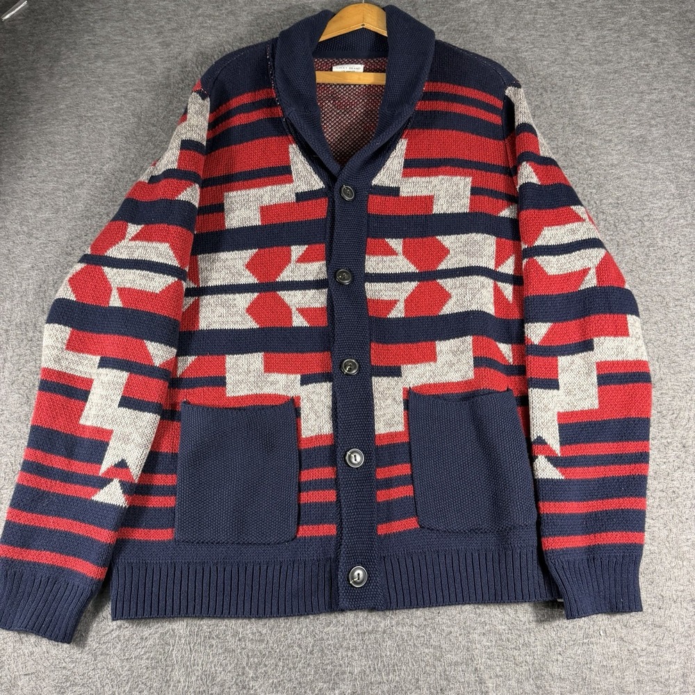 Lucky Brand Mens SZ XL Cardigan Sweater Blue Red Southwestern Shawl Collar Aztec